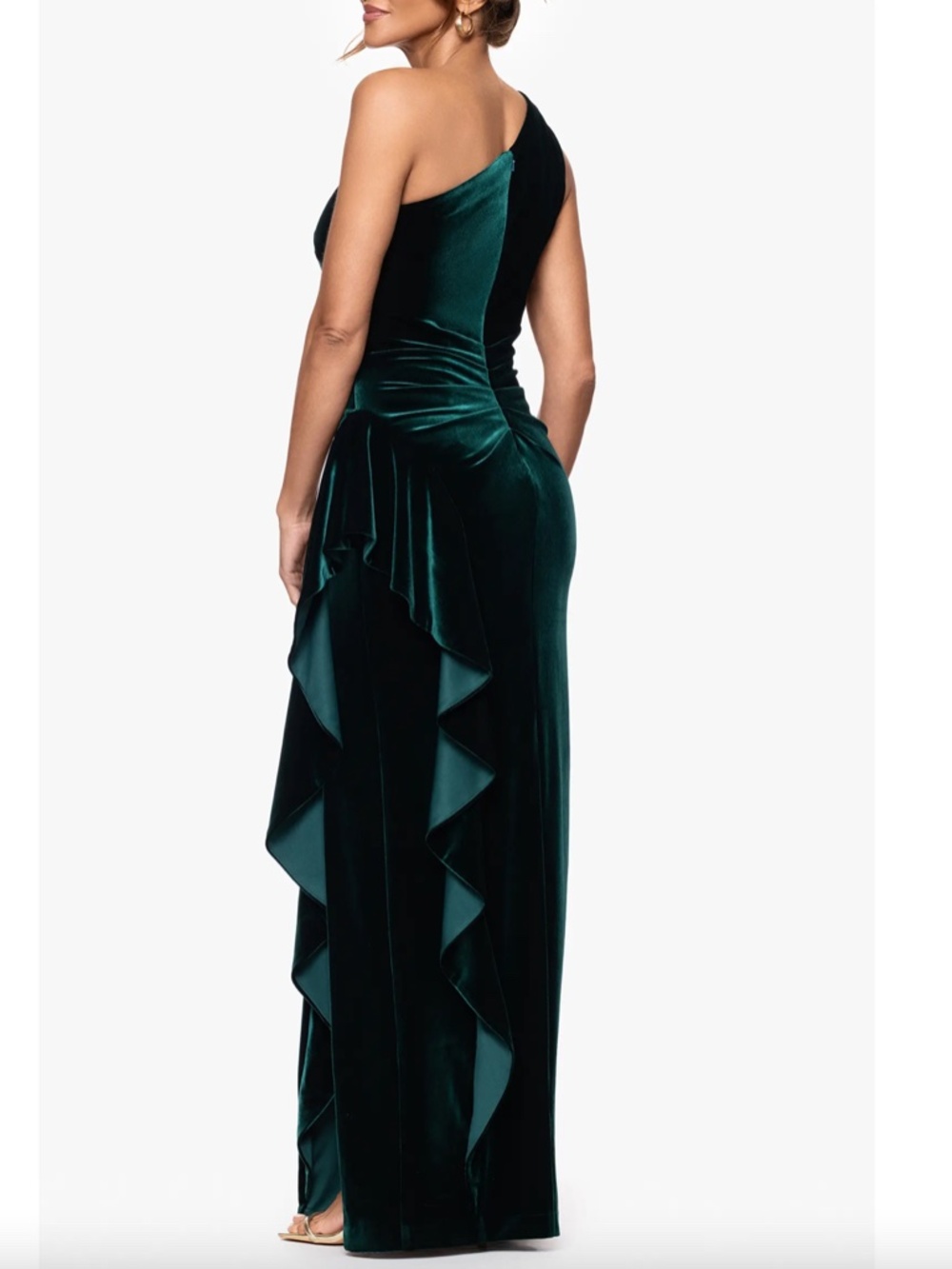 NEW XSCAPE Hunter Green ONE SHOULDER Ruched RUFFLE SIDE Stretch VELVET GOWN 6 - Picture 9 of 12